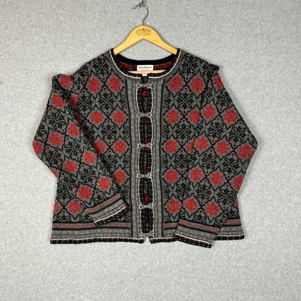 Norm Thompson Women's 1X Fair Isle Knit Cardigan Sweater Red Black Clasp Closure